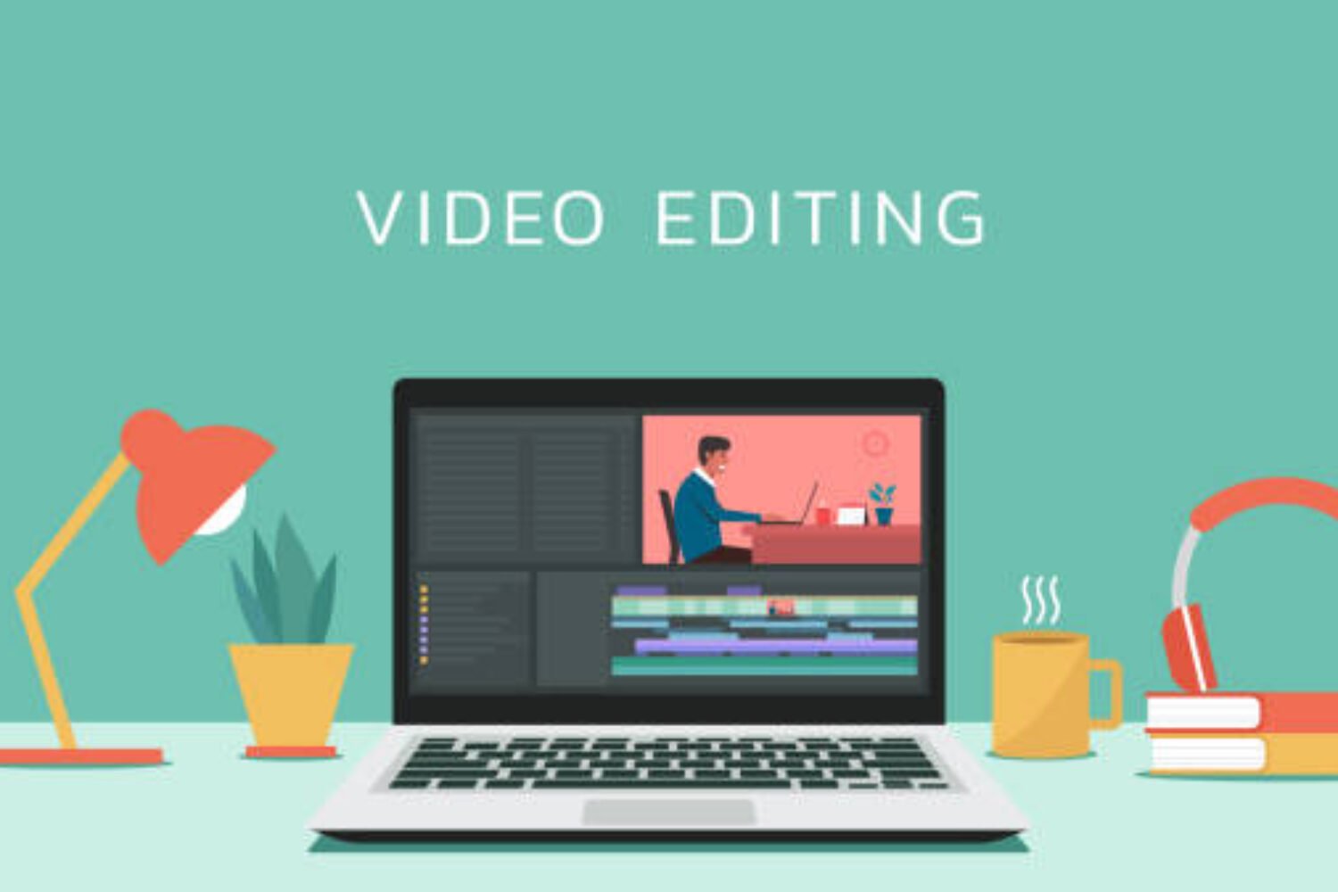 Video editing software on laptop computer concept. Workplace for freelancer and editor, vlogger or movie making, vector design illustration