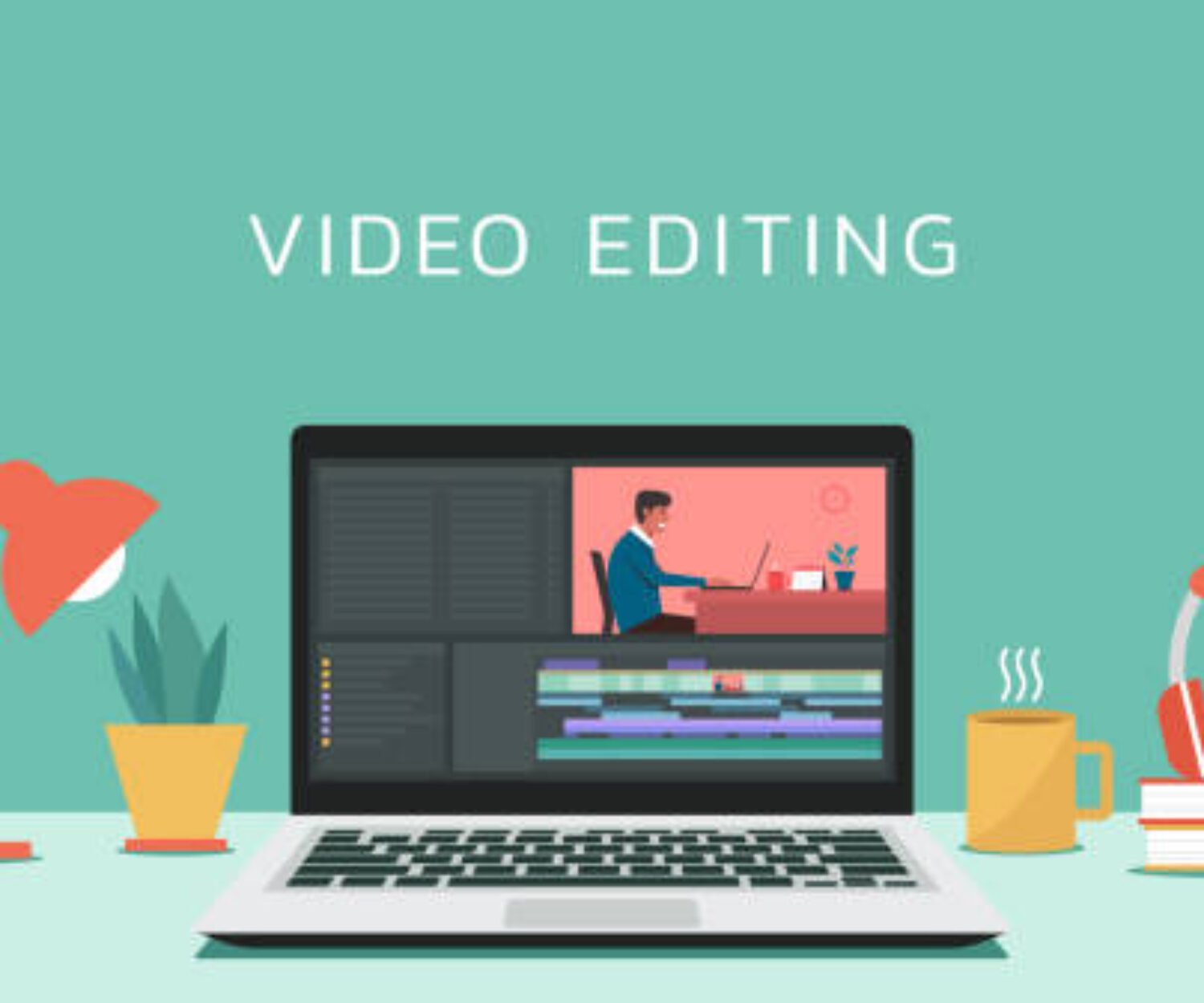 Video editing software on laptop computer concept. Workplace for freelancer and editor, vlogger or movie making, vector design illustration