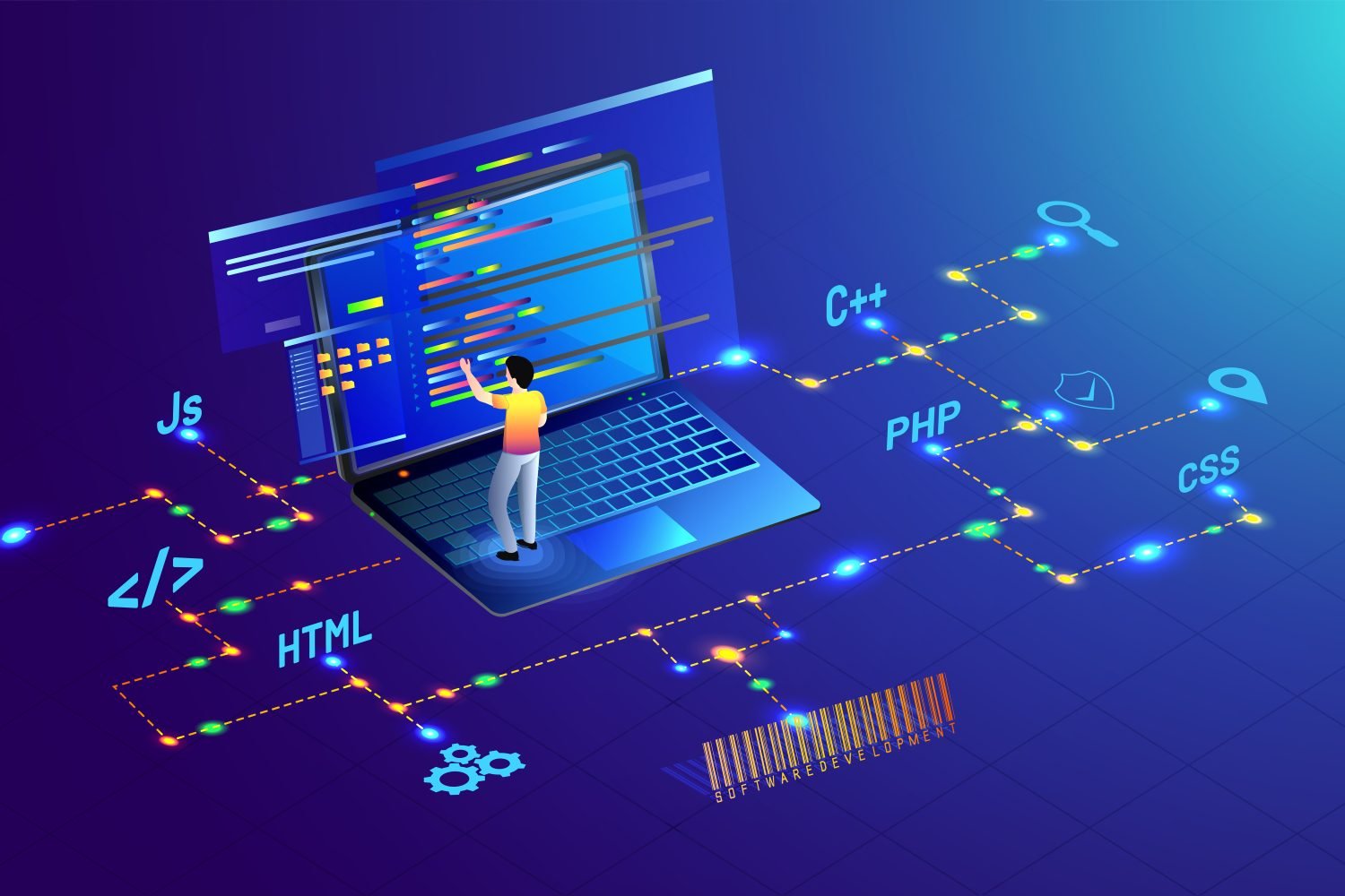 Analyst working on laptop, different programing languages with security bar code on glossy blue background for Web development concept.